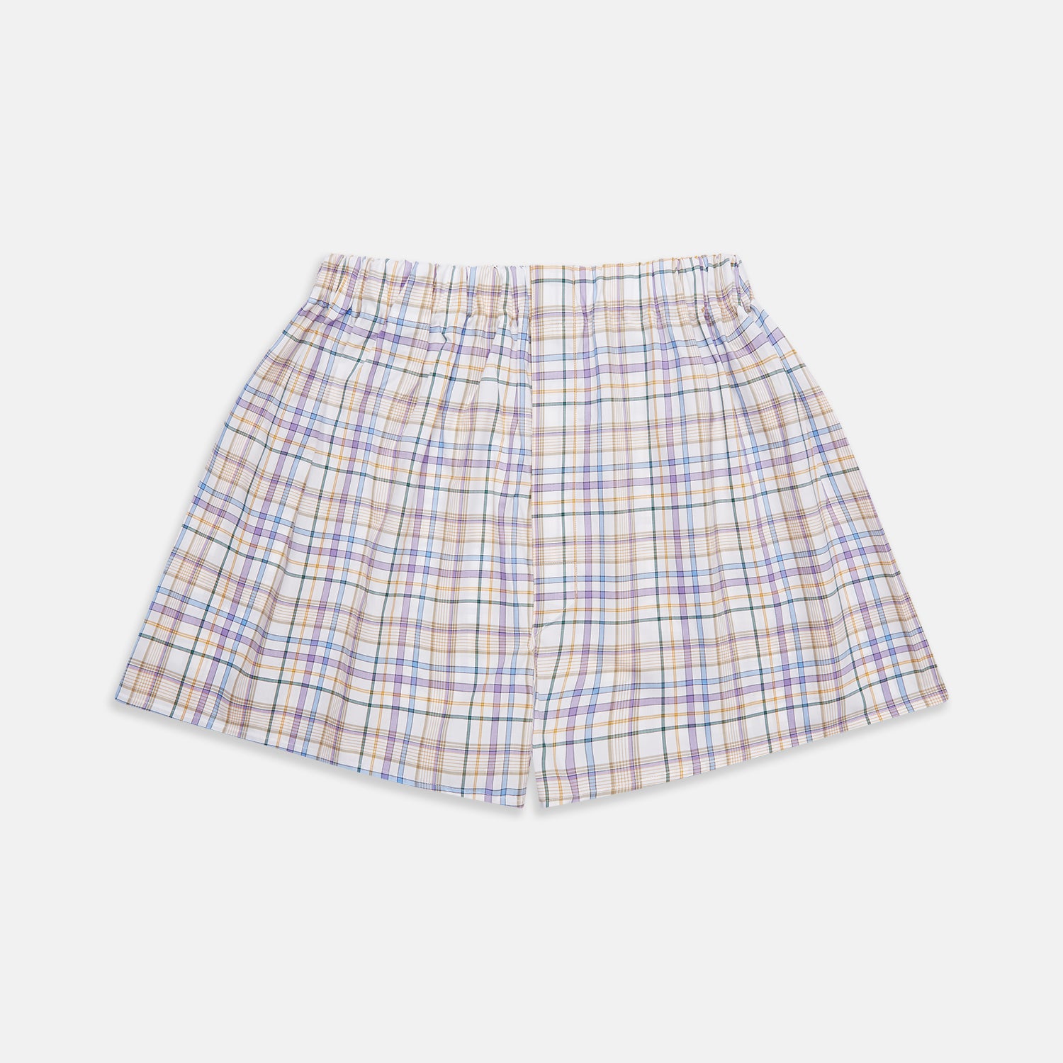 View 1 of product The Turnbull & Asser Colourful Garden Multi Check Cotton Godfrey Boxer Shorts feature a relaxed fit and elastic waistband, showcasing vibrant blue, red, and yellow plaid on white—ideal luxury underwear for men.