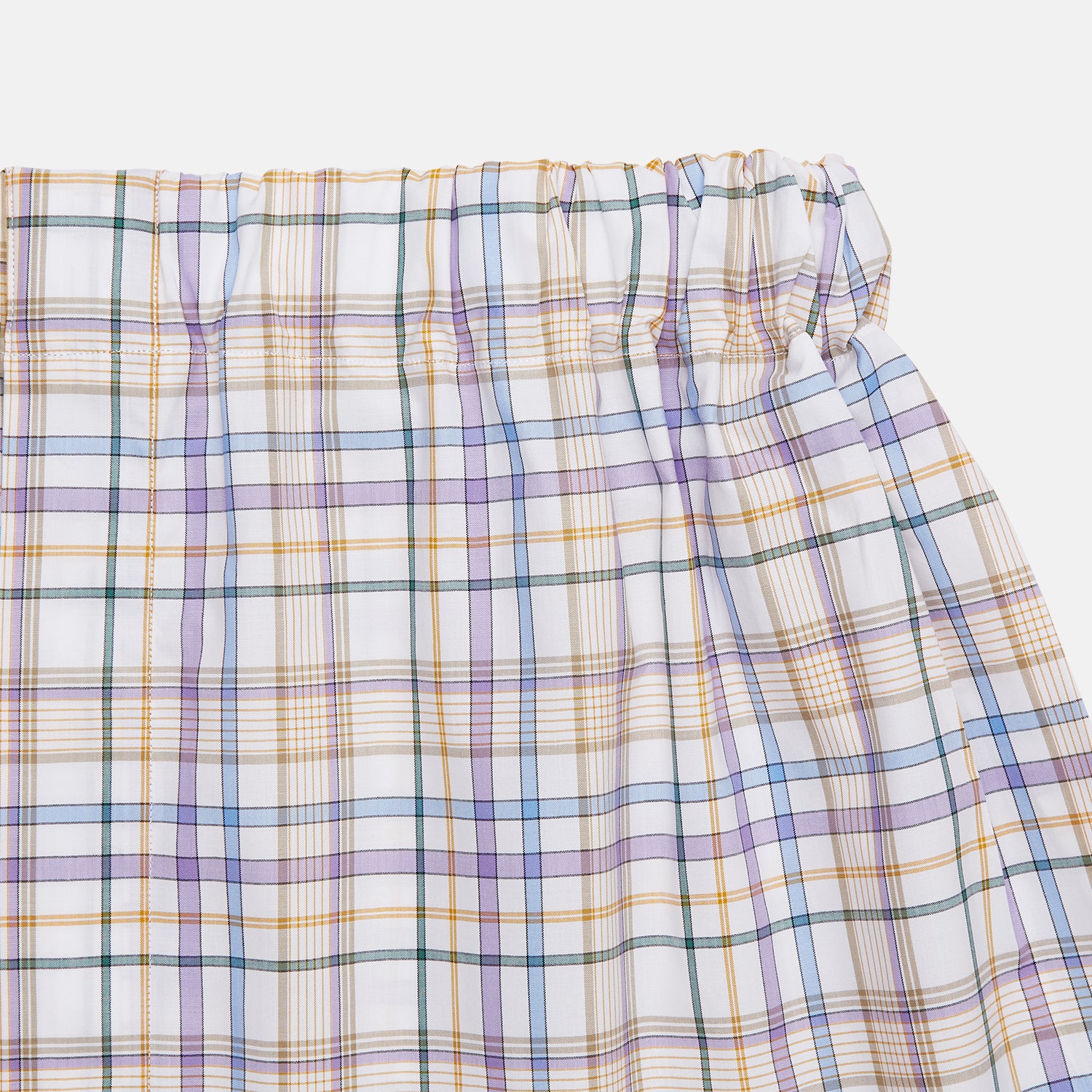 View 2 of product The Turnbull & Asser Colourful Garden Multi Check Cotton Godfrey Boxer Shorts feature a relaxed fit and elastic waistband, showcasing vibrant blue, red, and yellow plaid on white—ideal luxury underwear for men.