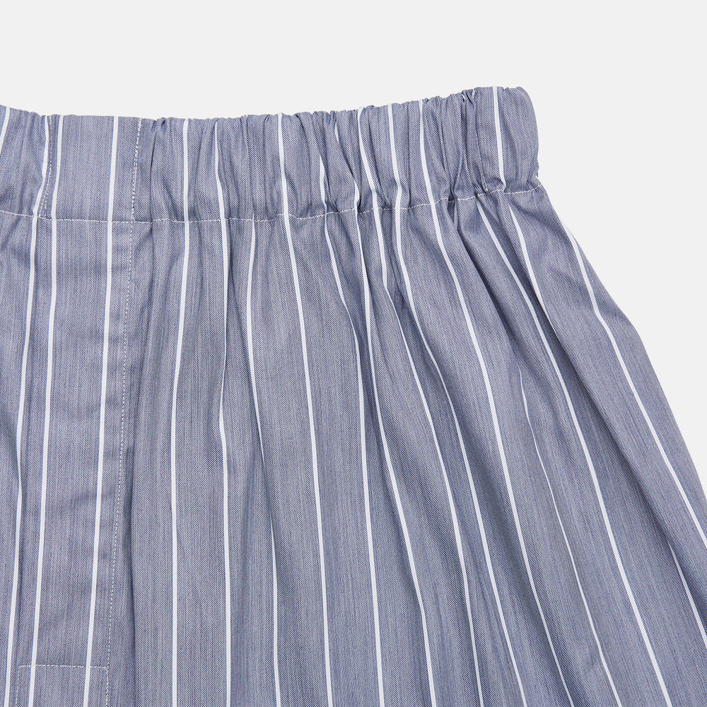 Turnbull & Asser Godfrey Boxer Shorts feature pale blue and white pinstripes in a cotton blend, with an elastic waistband—ideal for comfortable underwear or luxury sleepwear.