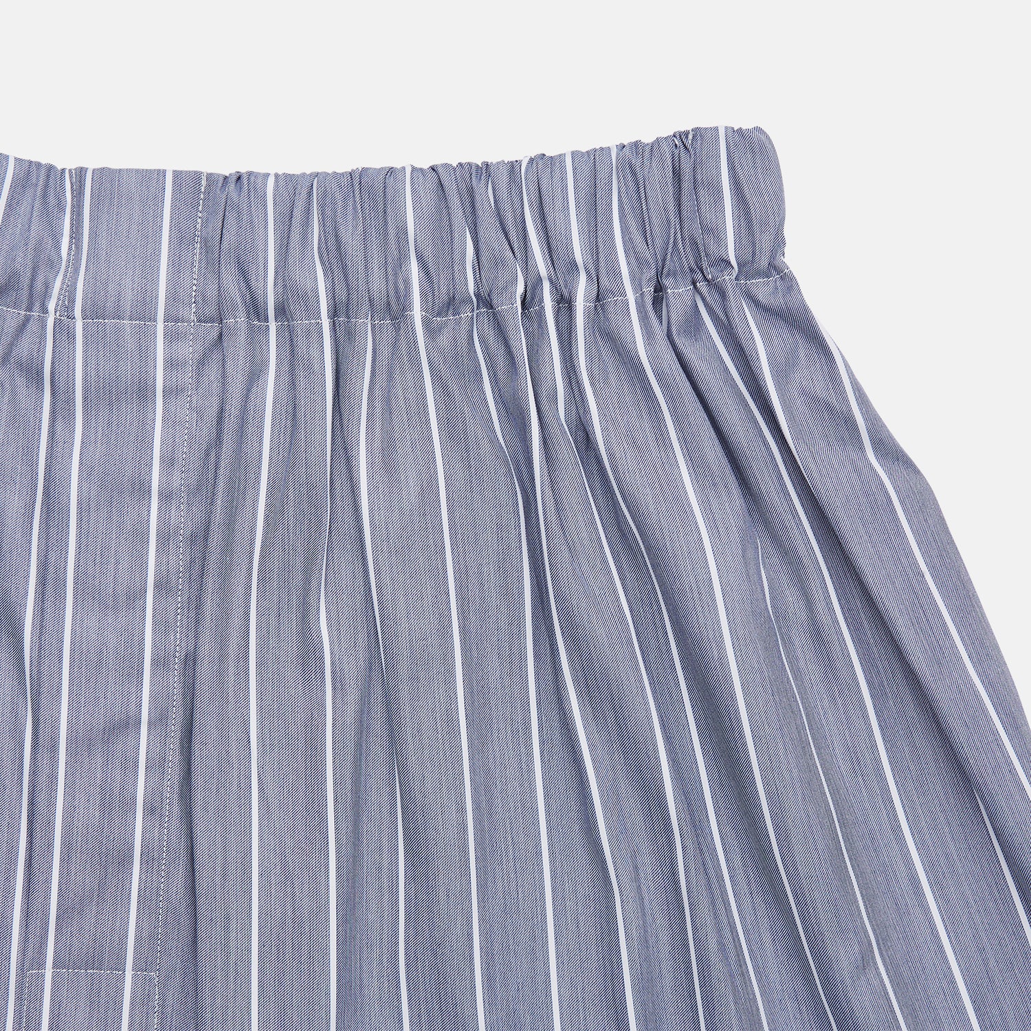 View 2 of product Turnbull & Asser Godfrey Boxer Shorts feature pale blue and white pinstripes in a cotton blend, with an elastic waistband—ideal for comfortable underwear or luxury sleepwear.