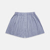View 1 of product Turnbull & Asser Godfrey Boxer Shorts feature pale blue and white pinstripes in a cotton blend, with an elastic waistband—ideal for comfortable underwear or luxury sleepwear.