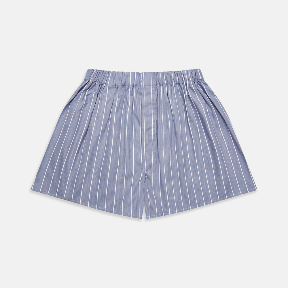 Turnbull & Asser Godfrey Boxer Shorts feature pale blue and white pinstripes in a cotton blend, with an elastic waistband—ideal for comfortable underwear or luxury sleepwear.