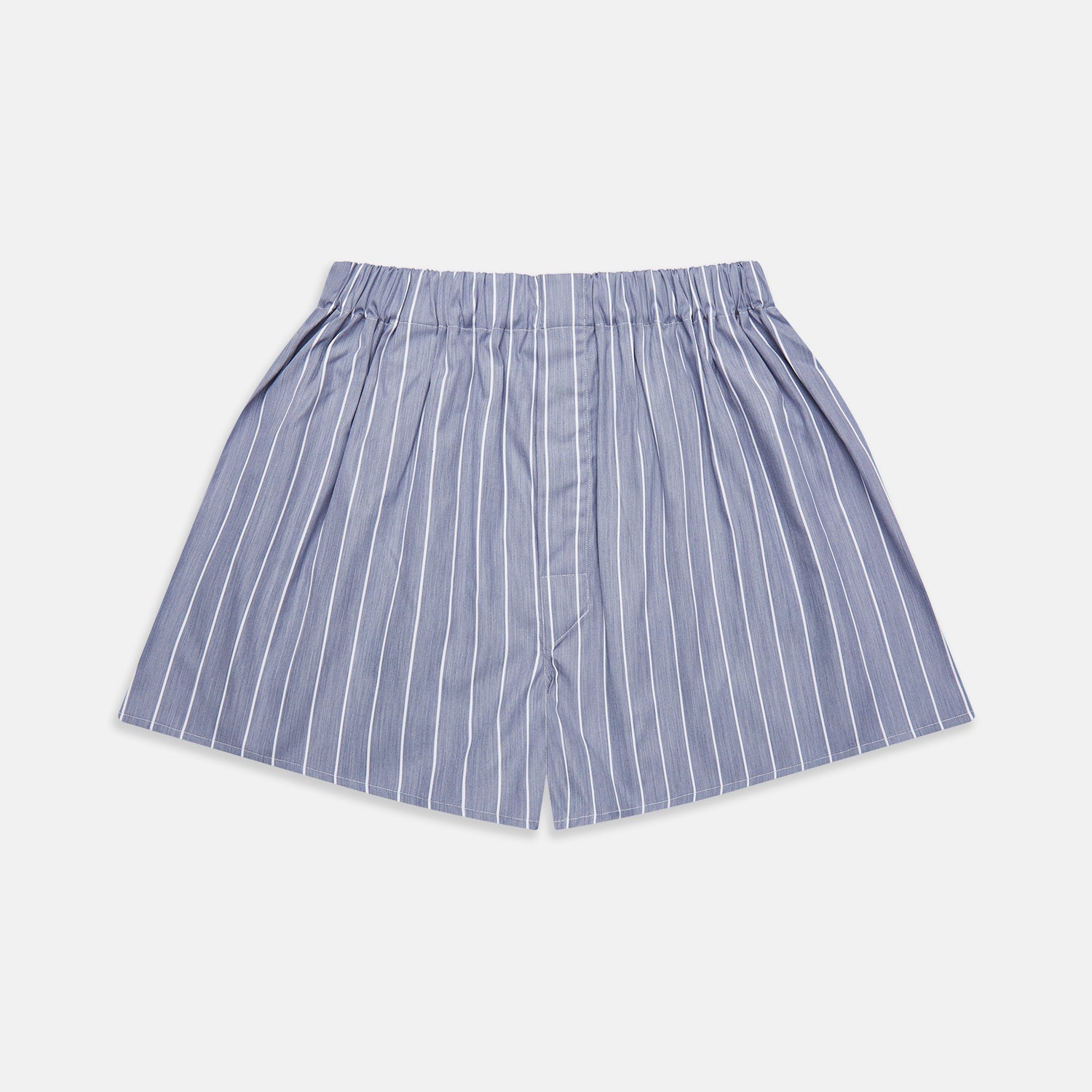 View 1 of product Turnbull & Asser Godfrey Boxer Shorts feature pale blue and white pinstripes in a cotton blend, with an elastic waistband—ideal for comfortable underwear or luxury sleepwear.