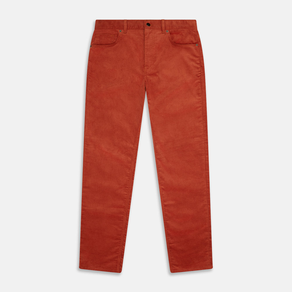 The Rust Cord Mylo Trousers by Turnbull & Asser feature a straight-leg fit, front and back pockets, belt loops, and a button closure—an ideal autumn-inspired choice for corduroy lovers.