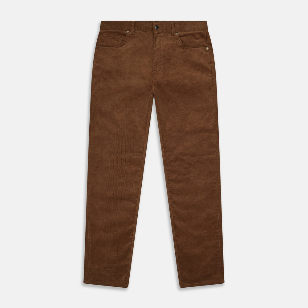 The Brown Cord Mylo Trousers by Turnbull & Asser are casual, straight-leg pants with a classic five-pocket design, shown here in brown corduroy against a white background—ideal for highlighting autumnal style.