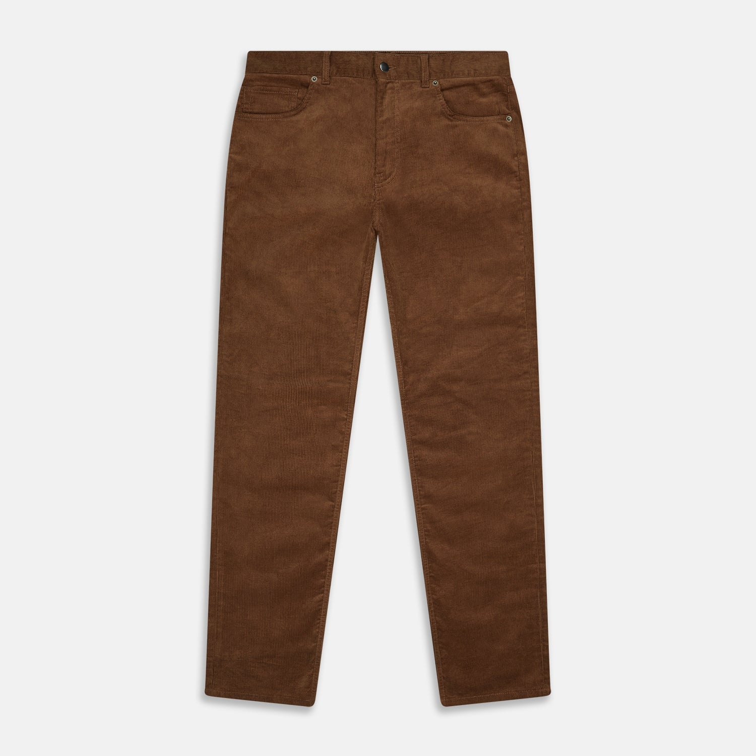 View 1 of product The Brown Cord Mylo Trousers by Turnbull & Asser are casual, straight-leg pants with a classic five-pocket design, shown here in brown corduroy against a white background—ideal for highlighting autumnal style.