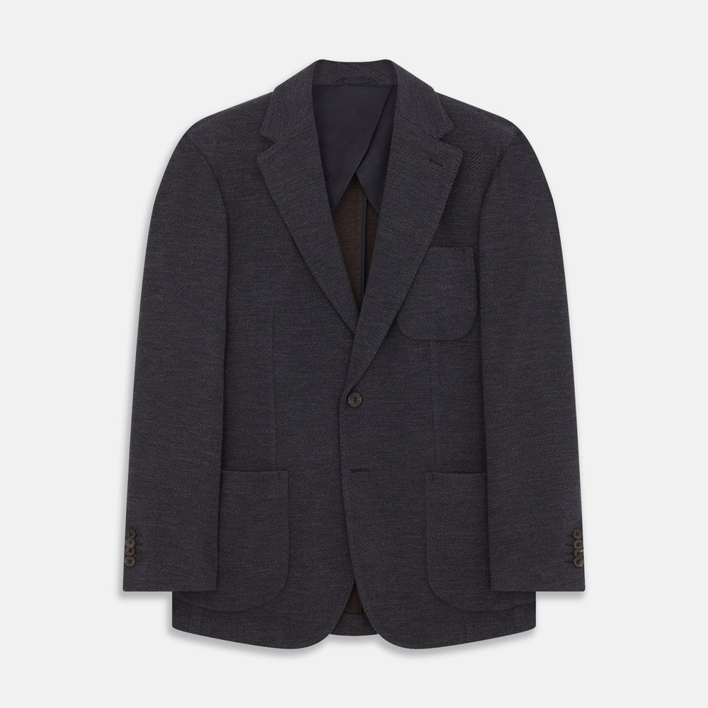 A menswear classic, the Turnbull & Asser Navy Cashmere Blend Henley Blazer features notch lapels, partial lining, two front buttons, and three patch pockets, shown flat on a white background.