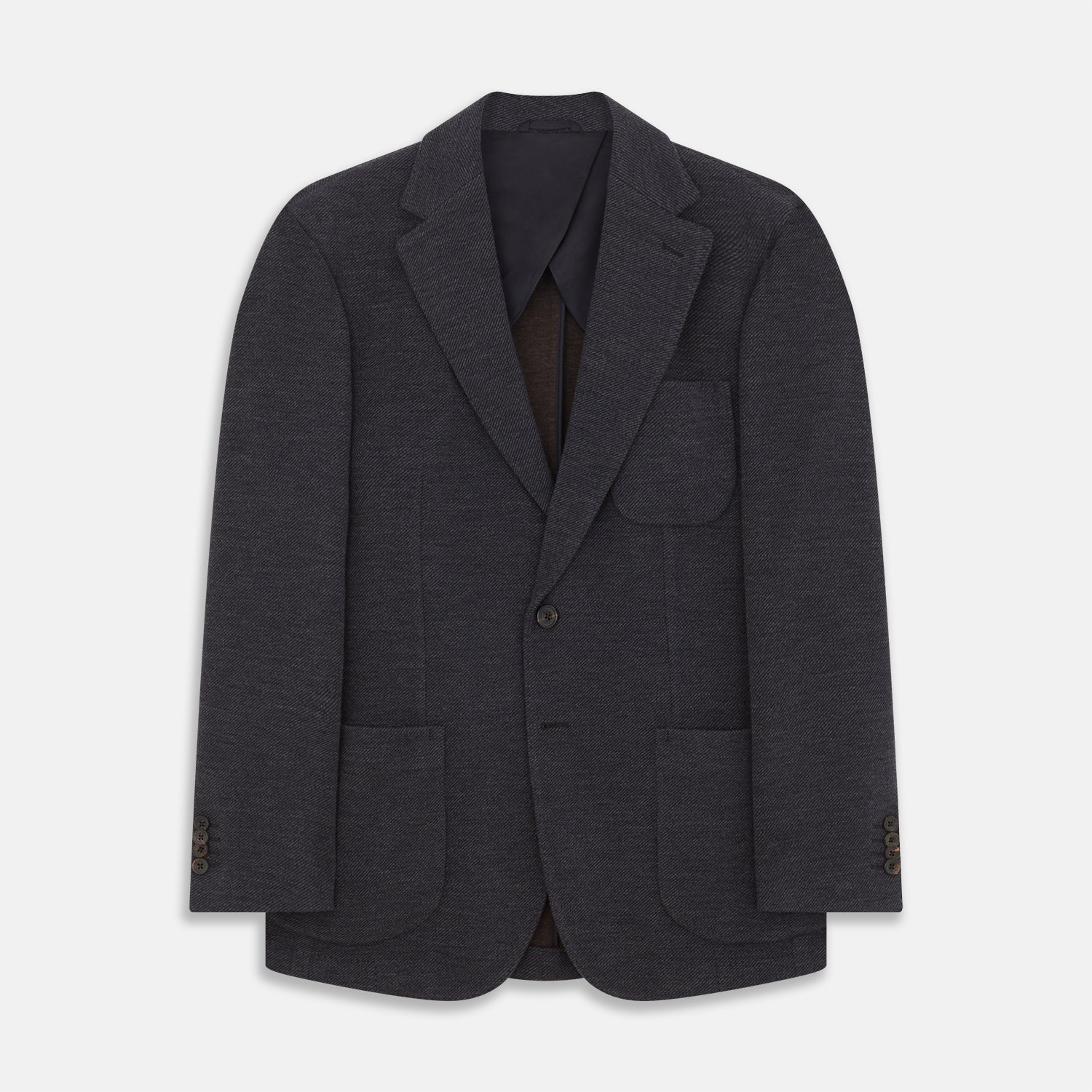 View 1 of product A menswear classic, the Turnbull & Asser Navy Cashmere Blend Henley Blazer features notch lapels, partial lining, two front buttons, and three patch pockets, shown flat on a white background.