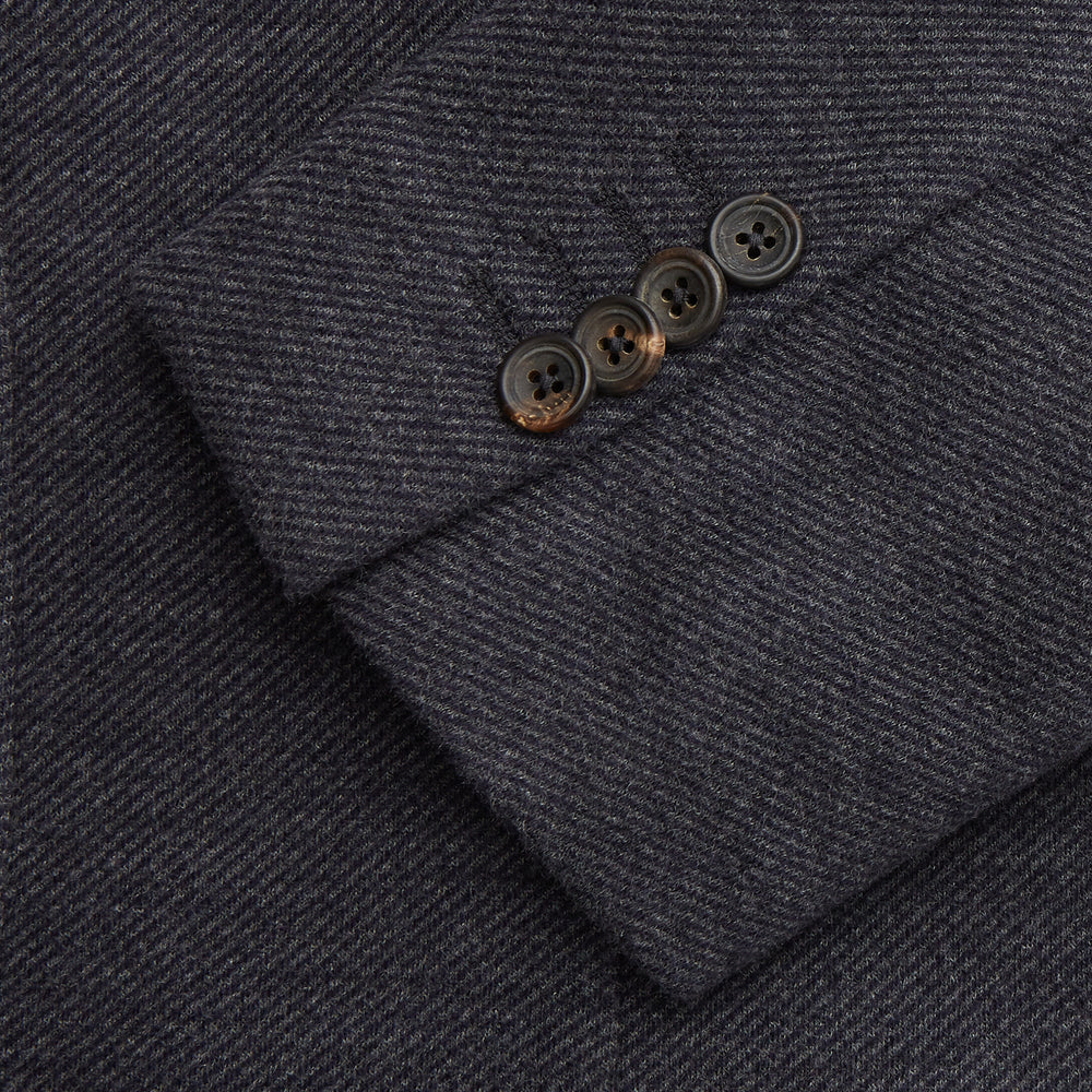 A menswear classic, the Turnbull & Asser Navy Cashmere Blend Henley Blazer features notch lapels, partial lining, two front buttons, and three patch pockets, shown flat on a white background.