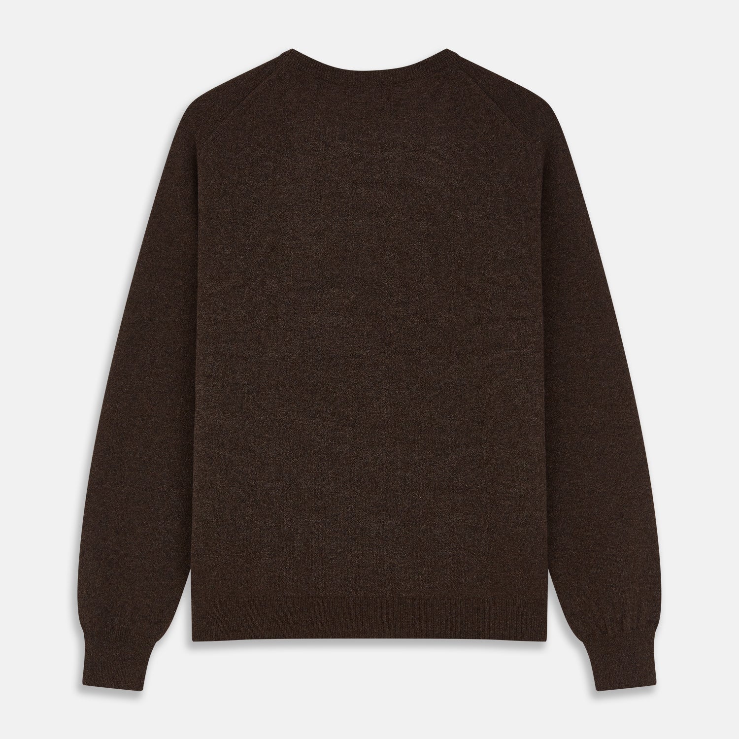 View 3 of product The Turnbull & Asser Brown Cashmere Glenn Jumper is a classic menswear piece with a crew neck and ribbed cuffs, collar, and hem. It’s laid flat on a white background, showcasing its timeless long-sleeved design.