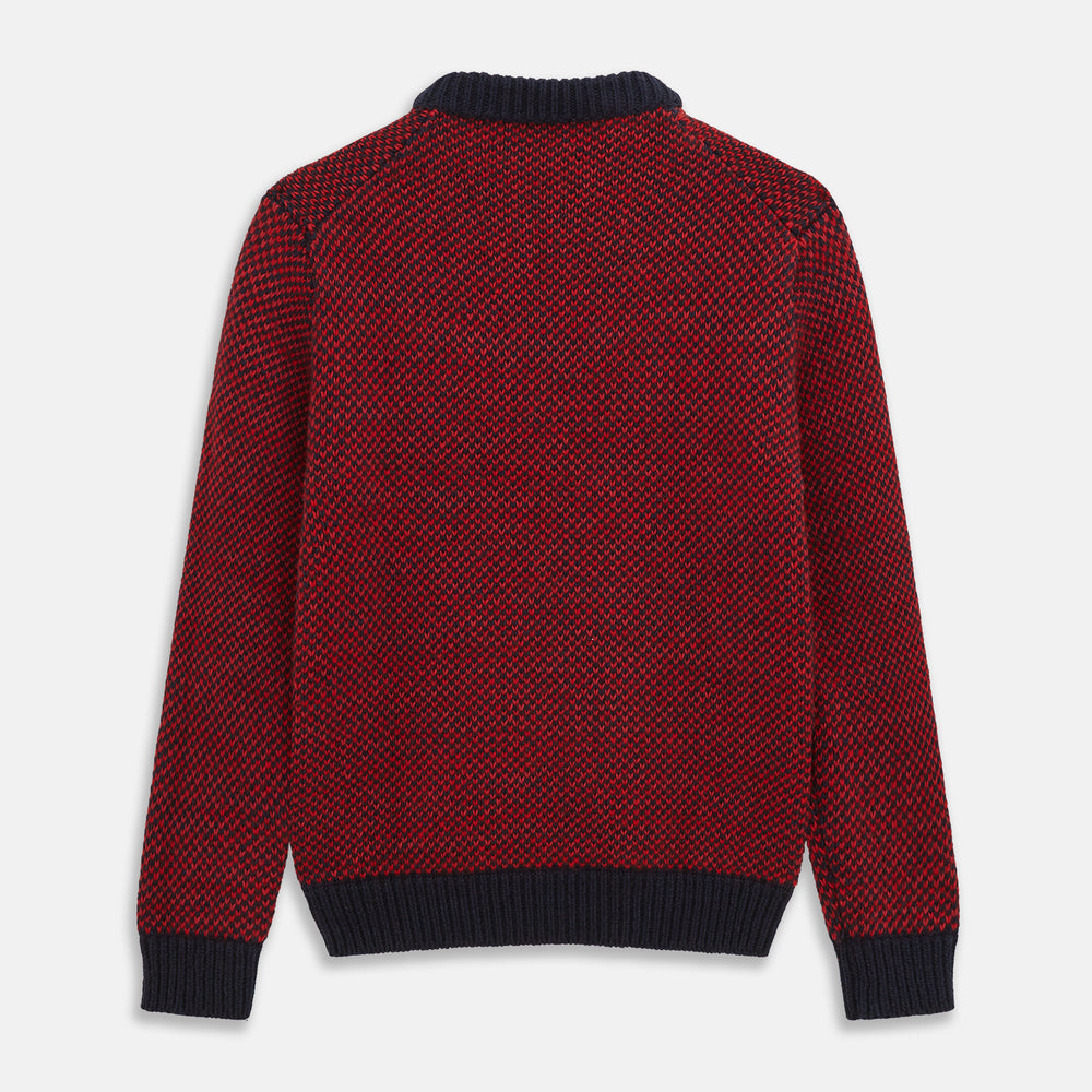 The Turnbull & Asser Red and Navy Wool Blend Billy Jumper features a red knit body with navy ribbed collar, cuffs, and hem, made from a wool and cotton blend, shown on a white background.