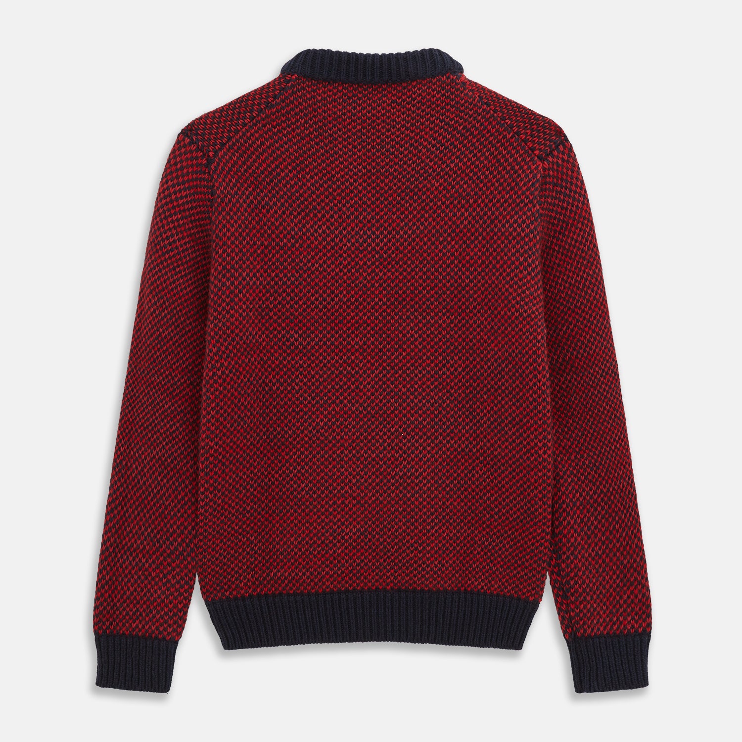 View 3 of product The Turnbull & Asser Red and Navy Wool Blend Billy Jumper features a red knit body with navy ribbed collar, cuffs, and hem, made from a wool and cotton blend, shown on a white background.