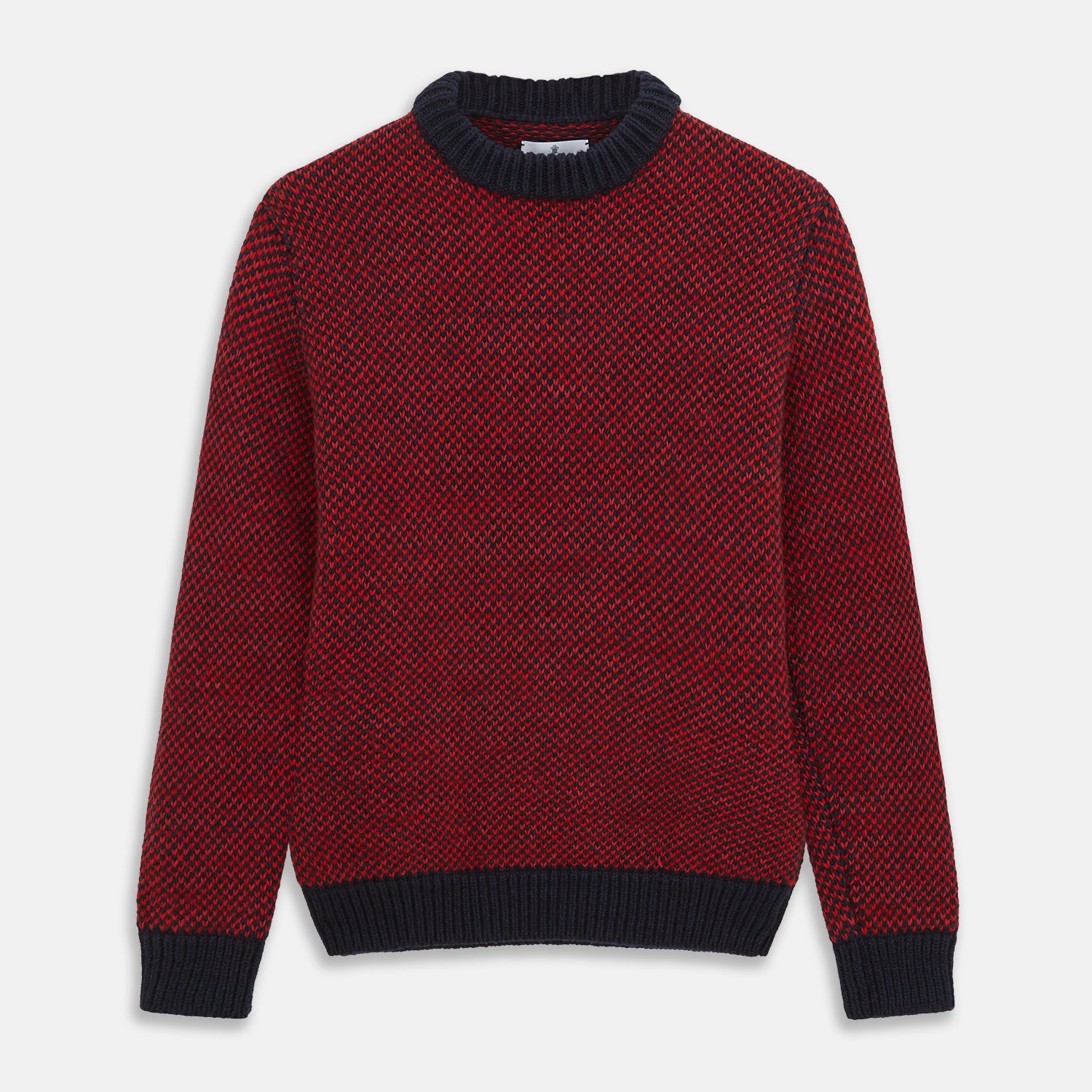 View 1 of product The Turnbull & Asser Red and Navy Wool Blend Billy Jumper features a red knit body with navy ribbed collar, cuffs, and hem, made from a wool and cotton blend, shown on a white background.