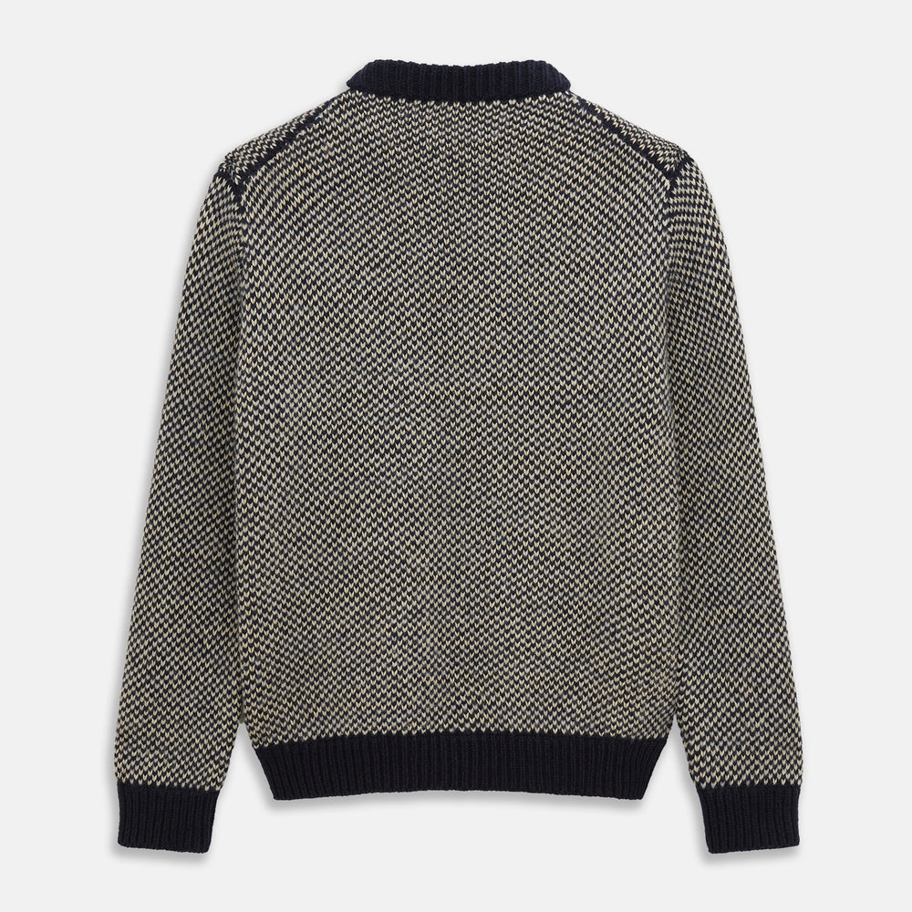 The Turnbull & Asser Navy and White Wool Blend Billy Jumper features a small checkered pattern with ribbed black collar, cuffs, and hem. Shown laid flat on a white background.