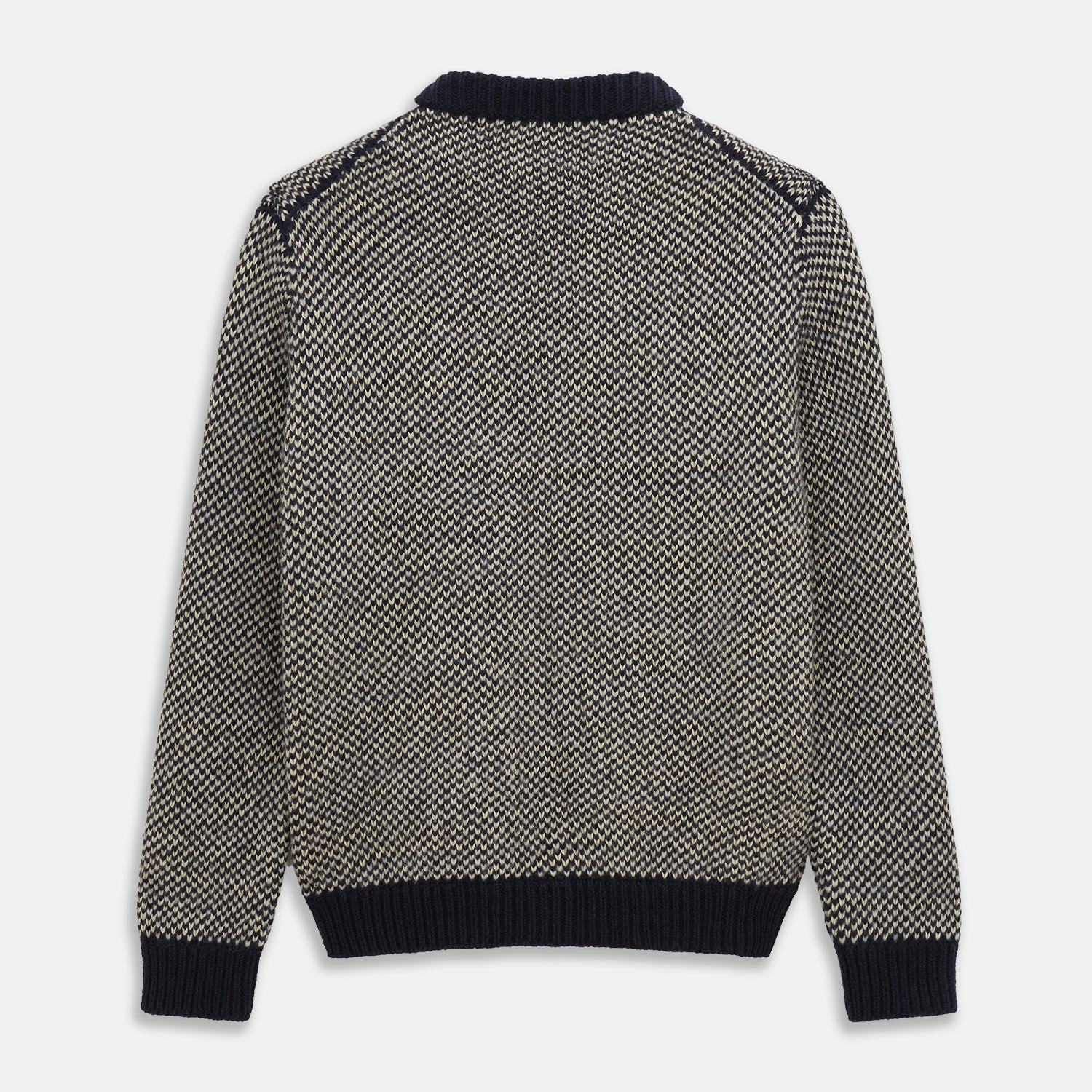 View 3 of product The Turnbull & Asser Navy and White Wool Blend Billy Jumper features a small checkered pattern with ribbed black collar, cuffs, and hem. Shown laid flat on a white background.