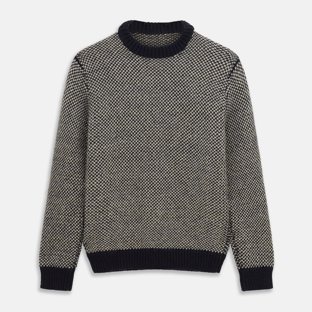 The Turnbull & Asser Navy and White Wool Blend Billy Jumper features a small checkered pattern with ribbed black collar, cuffs, and hem. Shown laid flat on a white background.