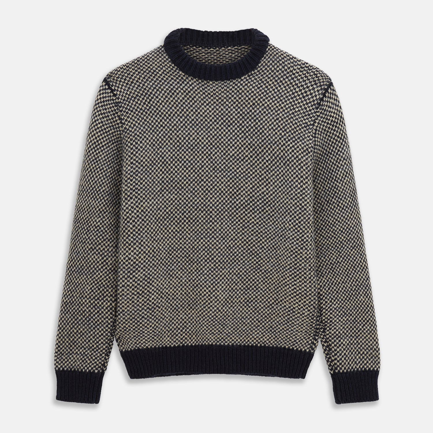 View 1 of product The Turnbull & Asser Navy and White Wool Blend Billy Jumper features a small checkered pattern with ribbed black collar, cuffs, and hem. Shown laid flat on a white background.