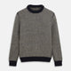 The Turnbull & Asser Navy and White Wool Blend Billy Jumper features a small checkered pattern with ribbed black collar, cuffs, and hem. Shown laid flat on a white background.