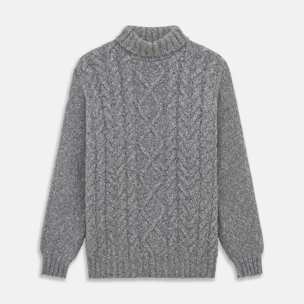The Oatmeal Cashmere Melange Clark Roll Neck Jumper by Turnbull & Asser features a high roll-neck, long sleeves, and a textured cable knit front, crafted from a soft cashmere blend.