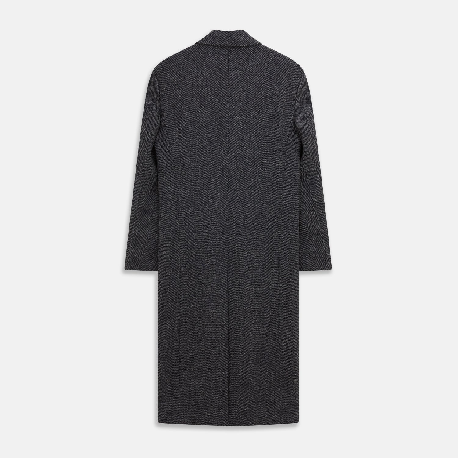 View 4 of product The Grey Herringbone Wool Double Breasted Highgrove Overcoat by Turnbull & Asser features black buttons, a notched lapel, and side pockets, shown against a plain white background.