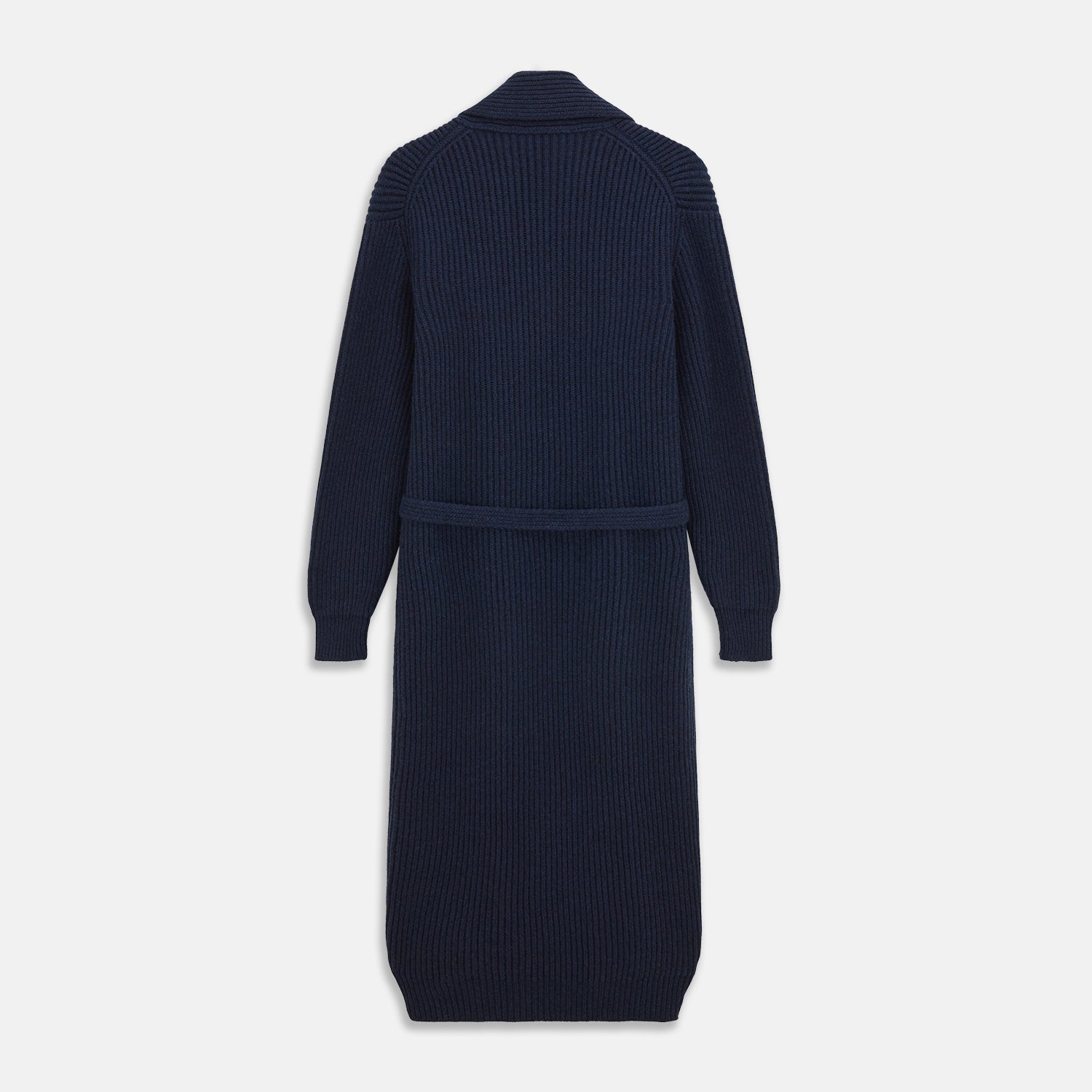 View 4 of product The Deep Navy Cashmere Baldwin Gown by Turnbull & Asser features a ribbed knit, long sleeves, shawl collar, two front pockets, and a waist tie—ideal as luxury loungewear or a chic navy dressing gown.