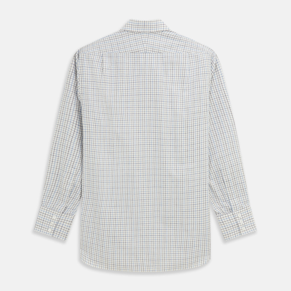 The Turnbull & Asser Blue Tattersall Check Cashmerello Regular Fit Mayfair Shirt is a long-sleeve button-up with a collar and chest pocket, featuring a white base and blue checks, shown laid flat on a white background.
