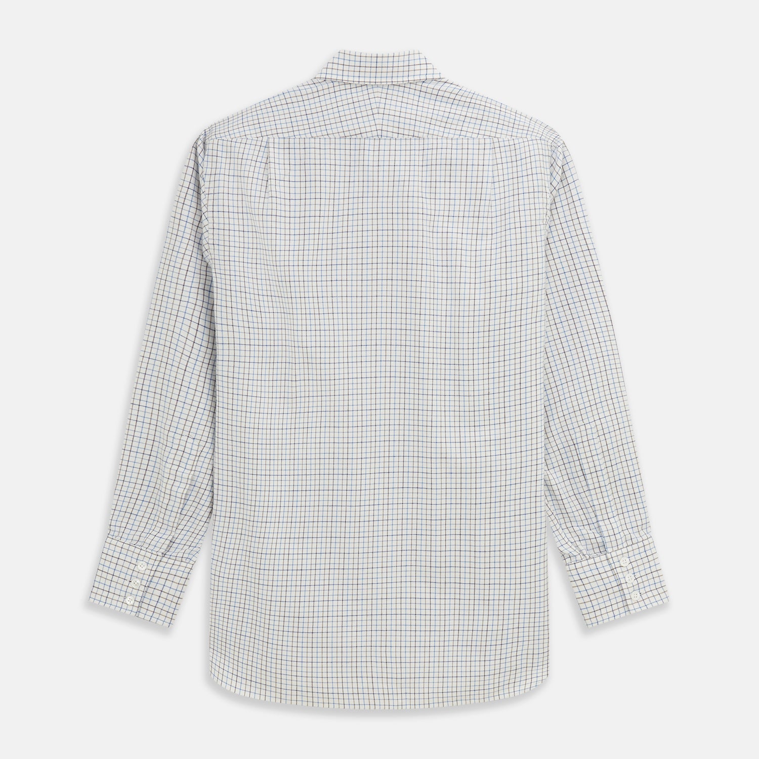 View 5 of product The Turnbull & Asser Blue Tattersall Check Cashmerello Regular Fit Mayfair Shirt is a long-sleeve button-up with a collar and chest pocket, featuring a white base and blue checks, shown laid flat on a white background.