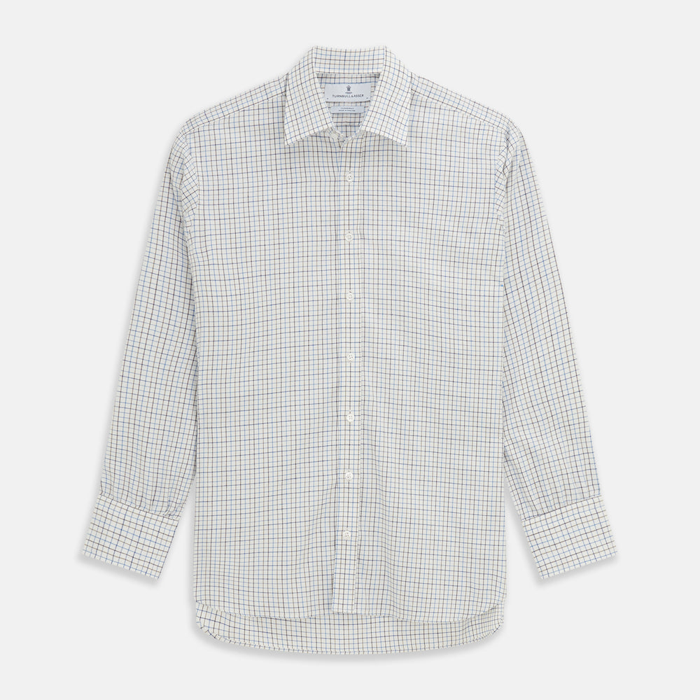 The Turnbull & Asser Blue Tattersall Check Cashmerello Regular Fit Mayfair Shirt is a long-sleeve button-up with a collar and chest pocket, featuring a white base and blue checks, shown laid flat on a white background.