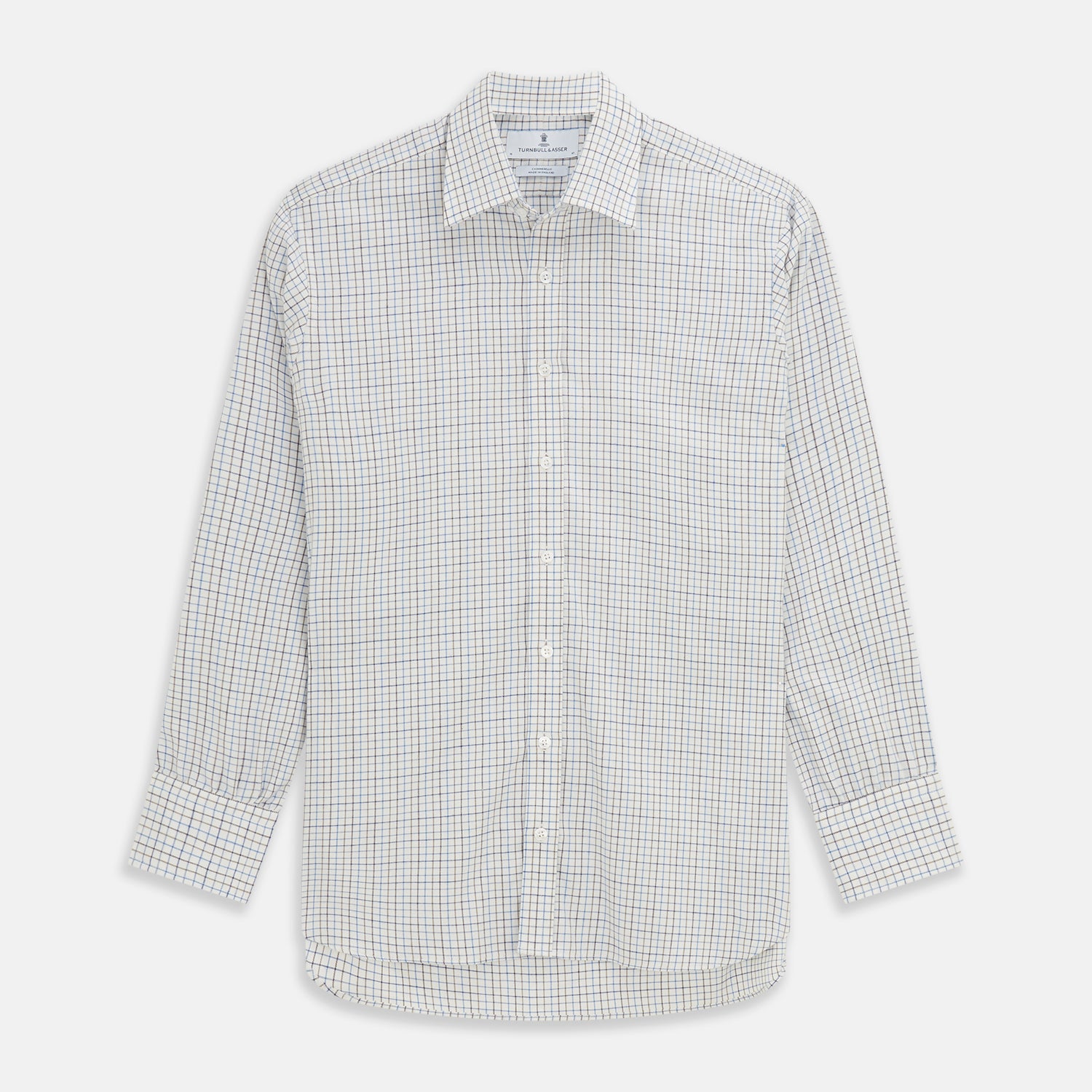 View 1 of product The Turnbull & Asser Blue Tattersall Check Cashmerello Regular Fit Mayfair Shirt is a long-sleeve button-up with a collar and chest pocket, featuring a white base and blue checks, shown laid flat on a white background.