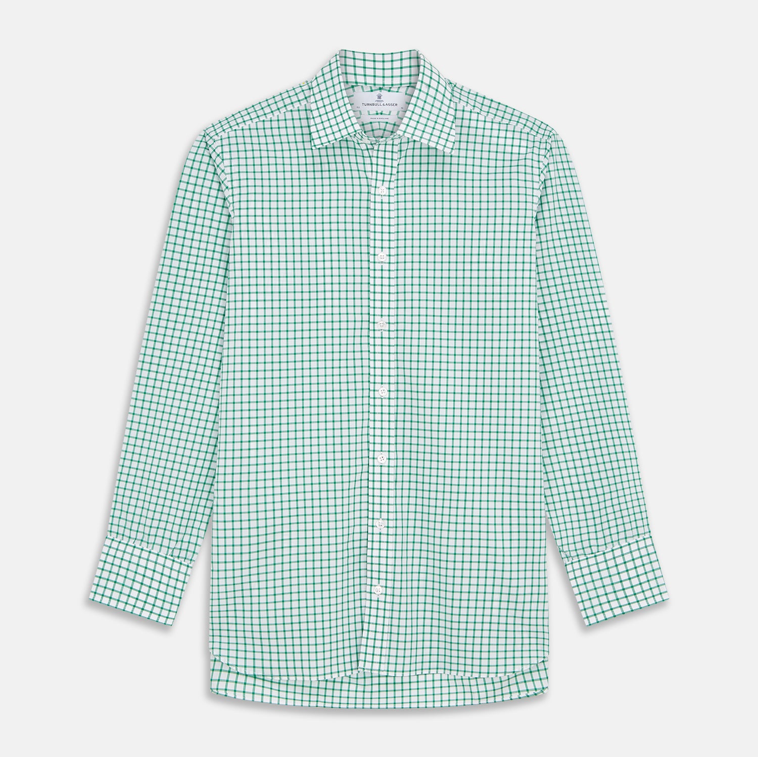 View 1 of product The Turnbull & Asser Green Check Cotton Regular Fit Mayfair Shirt features a green and blue check pattern on white, shown laid flat against a plain white background—a classic, versatile pick for any men’s wardrobe.