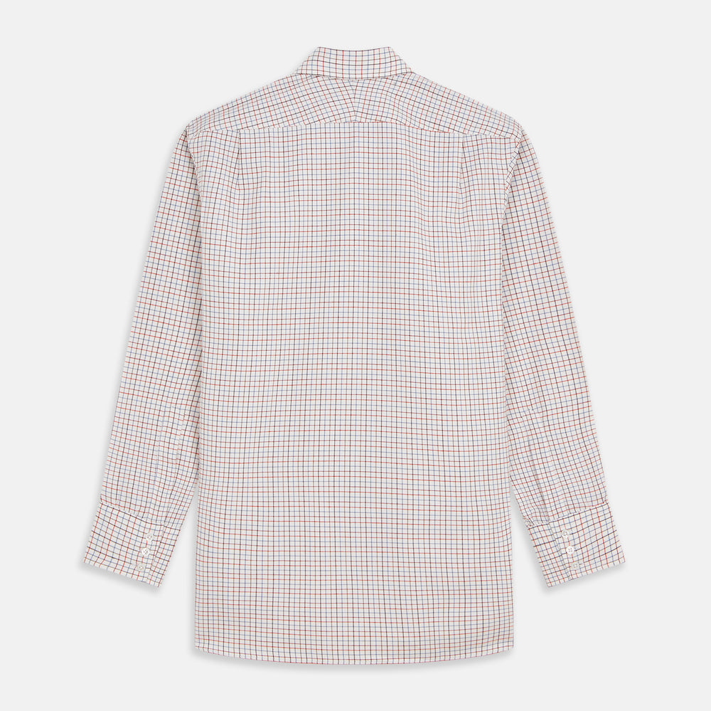 The Pink Tattersall Check Cashmerello Regular Fit Mayfair Shirt by Turnbull & Asser features a T&A collar and a red, blue, and white check pattern. The long-sleeve shirt is displayed flat against a white background.
