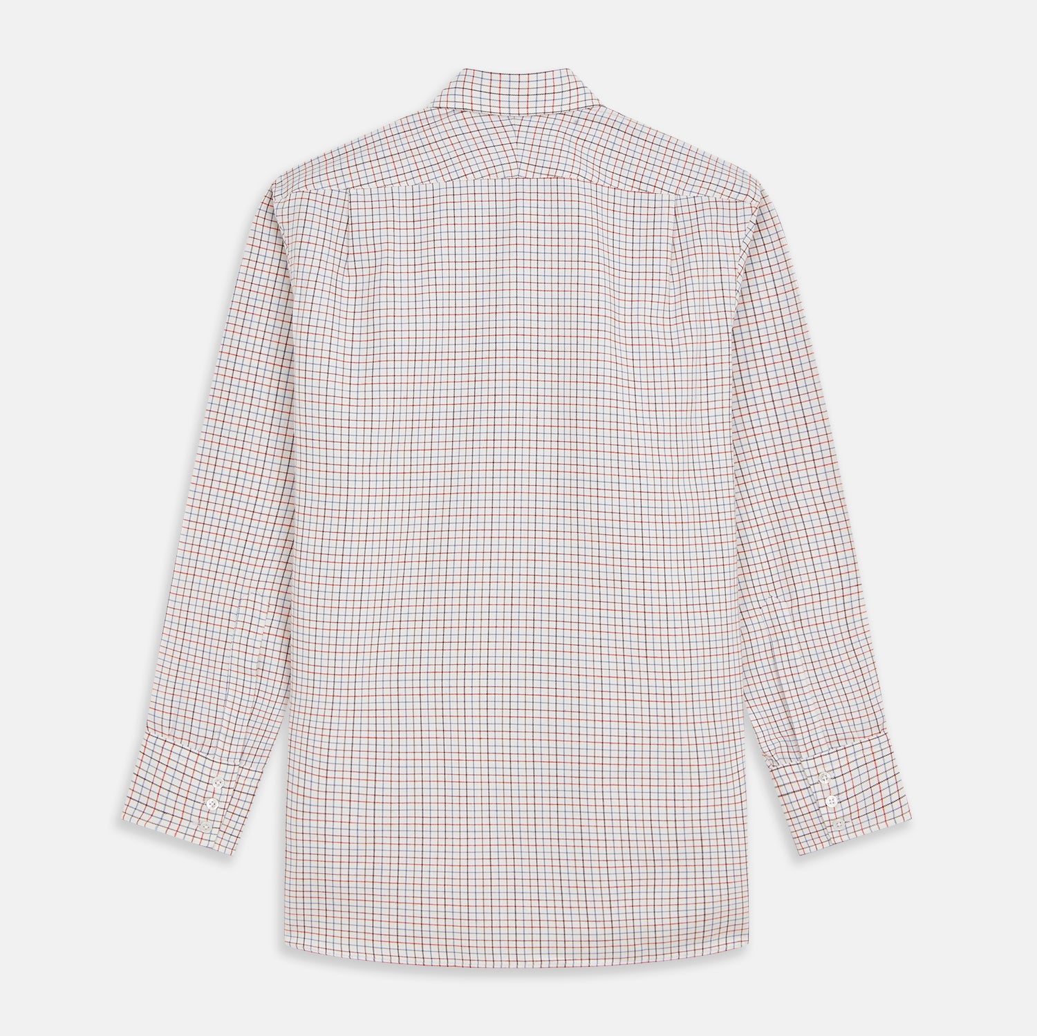 View 5 of product The Pink Tattersall Check Cashmerello Regular Fit Mayfair Shirt by Turnbull & Asser features a T&A collar and a red, blue, and white check pattern. The long-sleeve shirt is displayed flat against a white background.