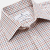 View 4 of product The Pink Tattersall Check Cashmerello Regular Fit Mayfair Shirt by Turnbull & Asser features a T&A collar and a red, blue, and white check pattern. The long-sleeve shirt is displayed flat against a white background.