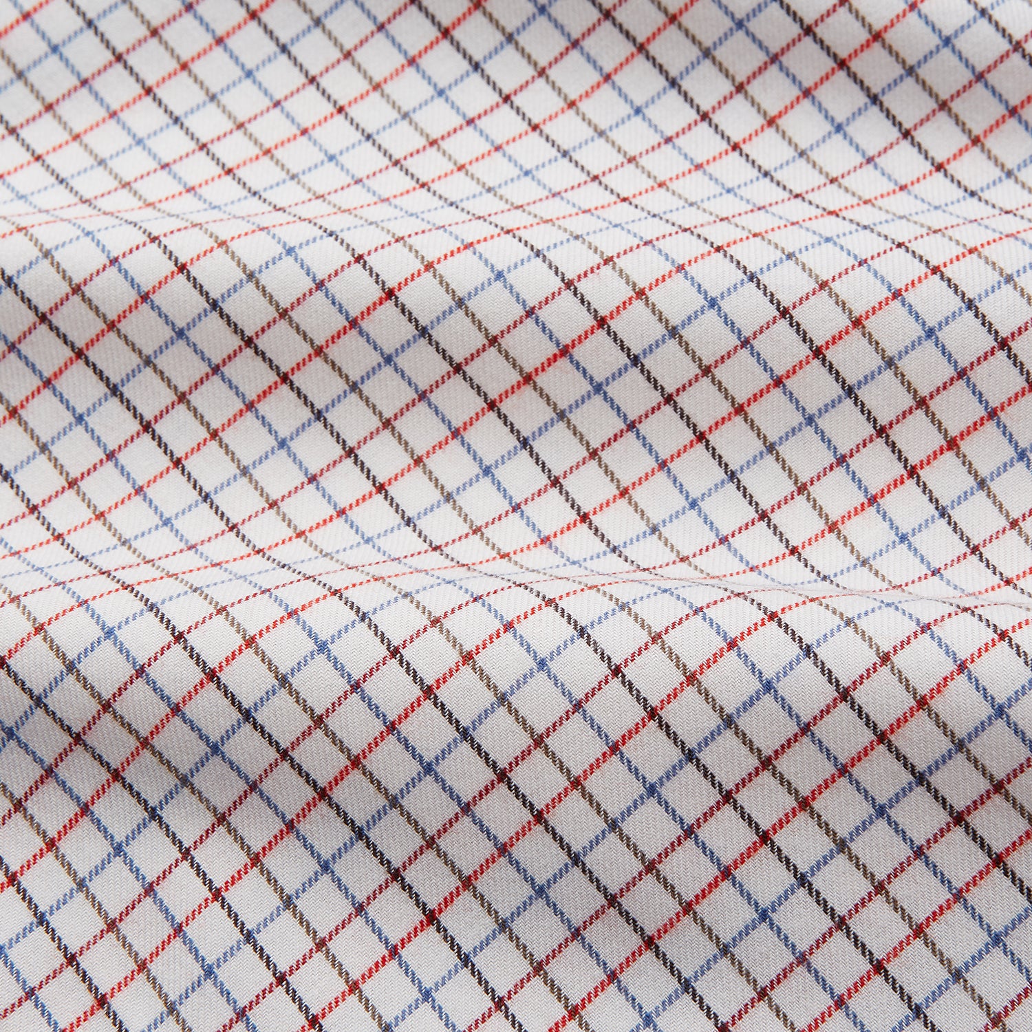 View 3 of product The Pink Tattersall Check Cashmerello Regular Fit Mayfair Shirt by Turnbull & Asser features a T&A collar and a red, blue, and white check pattern. The long-sleeve shirt is displayed flat against a white background.