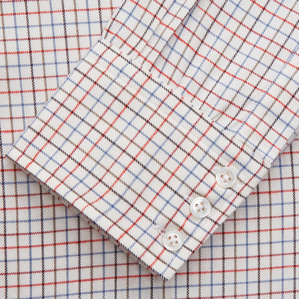The Pink Tattersall Check Cashmerello Regular Fit Mayfair Shirt by Turnbull & Asser features a T&A collar and a red, blue, and white check pattern. The long-sleeve shirt is displayed flat against a white background.