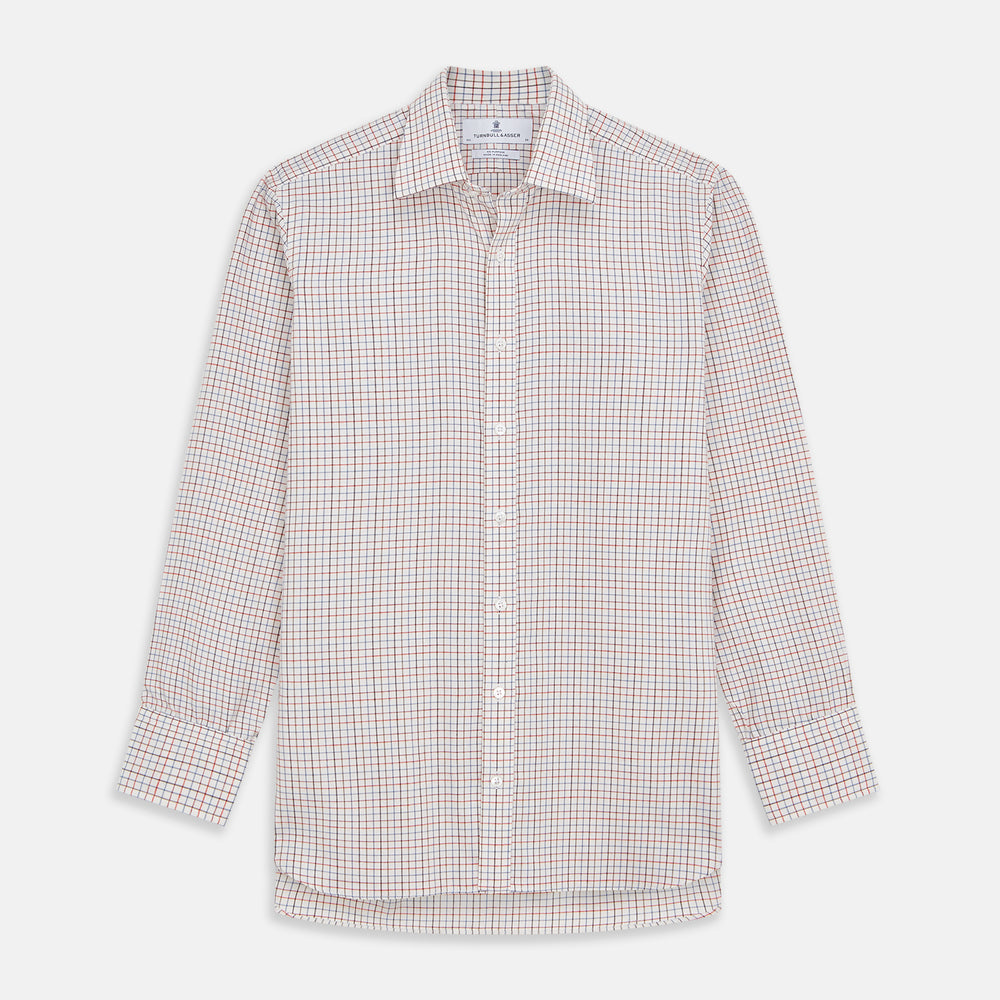The Pink Tattersall Check Cashmerello Regular Fit Mayfair Shirt by Turnbull & Asser features a T&A collar and a red, blue, and white check pattern. The long-sleeve shirt is displayed flat against a white background.