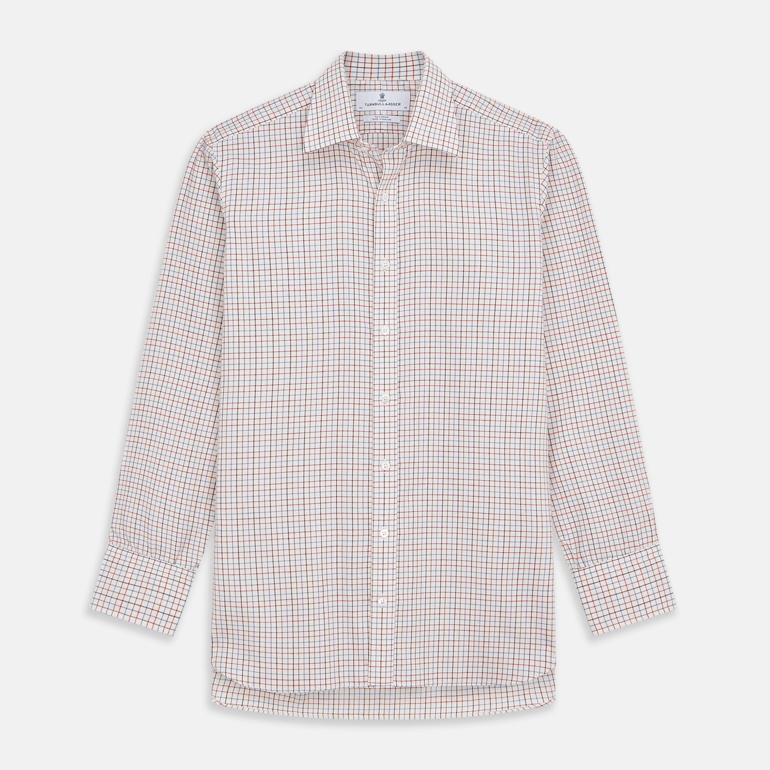 View 1 of product The Pink Tattersall Check Cashmerello Regular Fit Mayfair Shirt by Turnbull & Asser features a T&A collar and a red, blue, and white check pattern. The long-sleeve shirt is displayed flat against a white background.