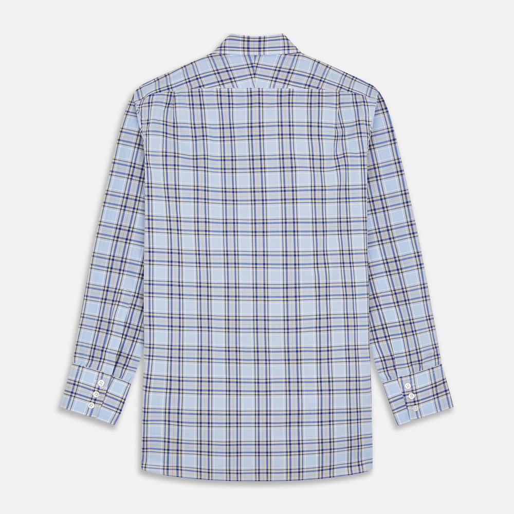 The Turnbull & Asser Blue and Yellow Check Cotton Regular Fit Mayfair Shirt for men is displayed laid flat on a white background.