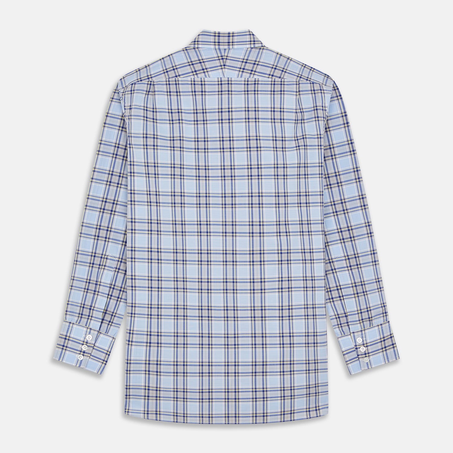 View 5 of product The Turnbull & Asser Blue and Yellow Check Cotton Regular Fit Mayfair Shirt for men is displayed laid flat on a white background.