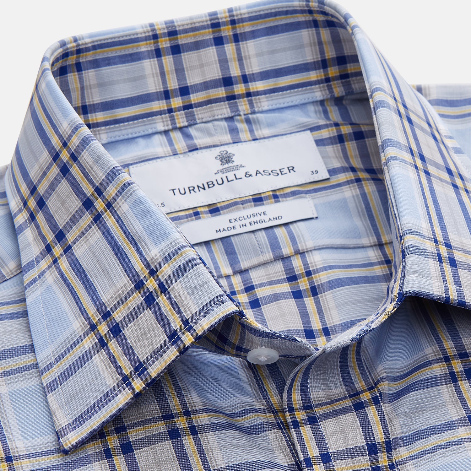 View 4 of product The Turnbull & Asser Blue and Yellow Check Cotton Regular Fit Mayfair Shirt for men is displayed laid flat on a white background.
