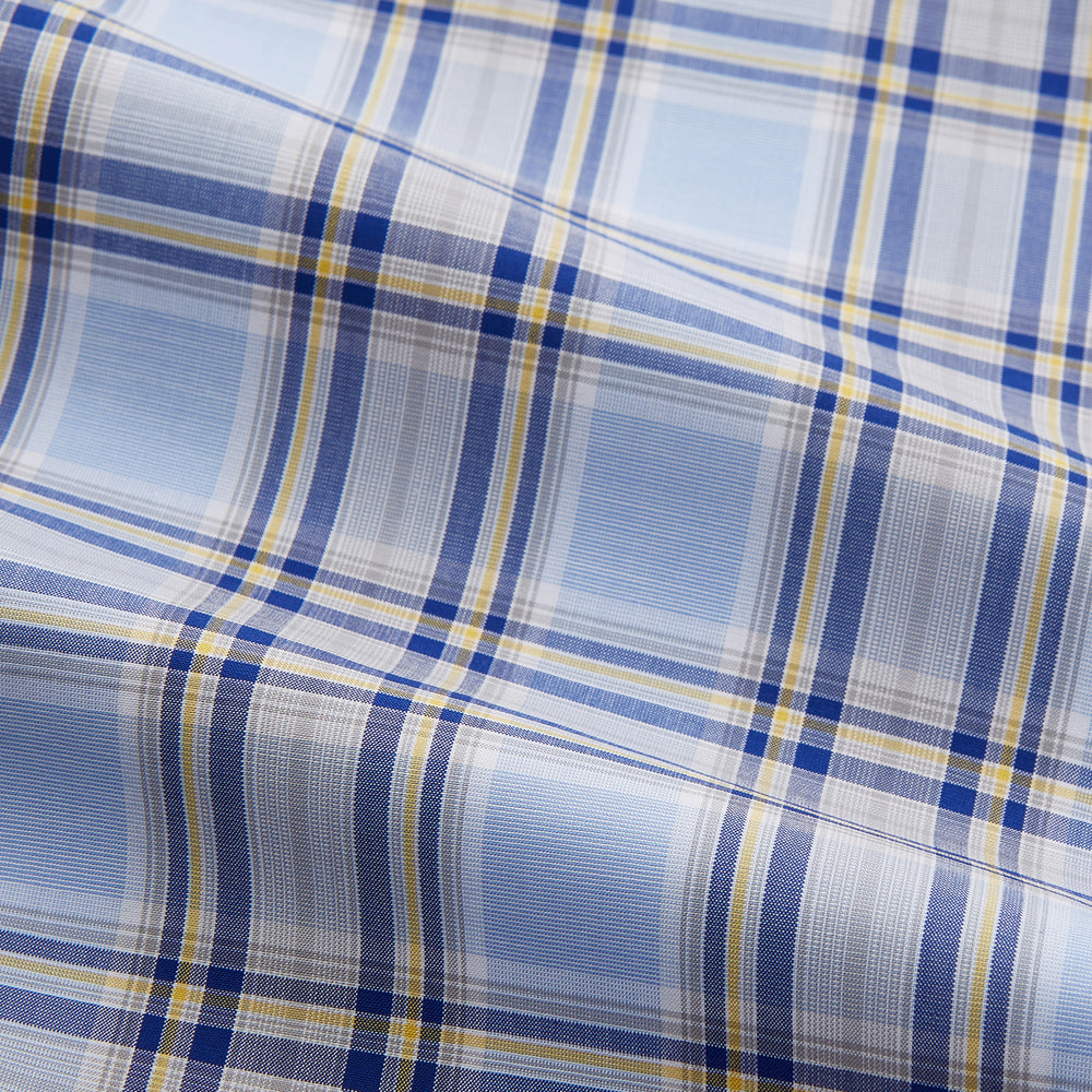 The Turnbull & Asser Blue and Yellow Check Cotton Regular Fit Mayfair Shirt for men is displayed laid flat on a white background.
