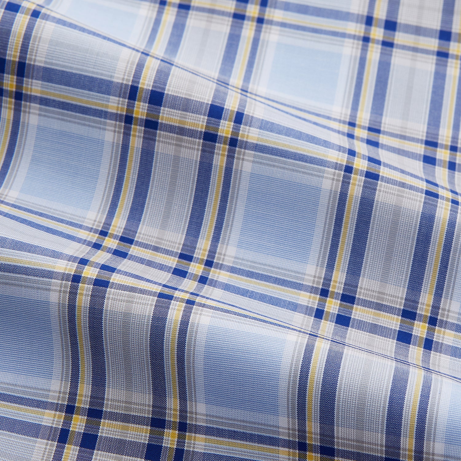 View 3 of product The Turnbull & Asser Blue and Yellow Check Cotton Regular Fit Mayfair Shirt for men is displayed laid flat on a white background.