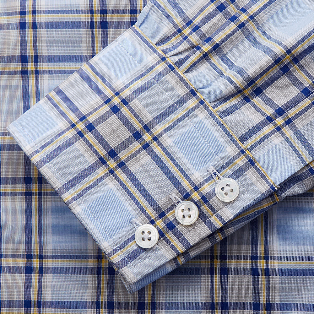 The Turnbull & Asser Blue and Yellow Check Cotton Regular Fit Mayfair Shirt for men is displayed laid flat on a white background.