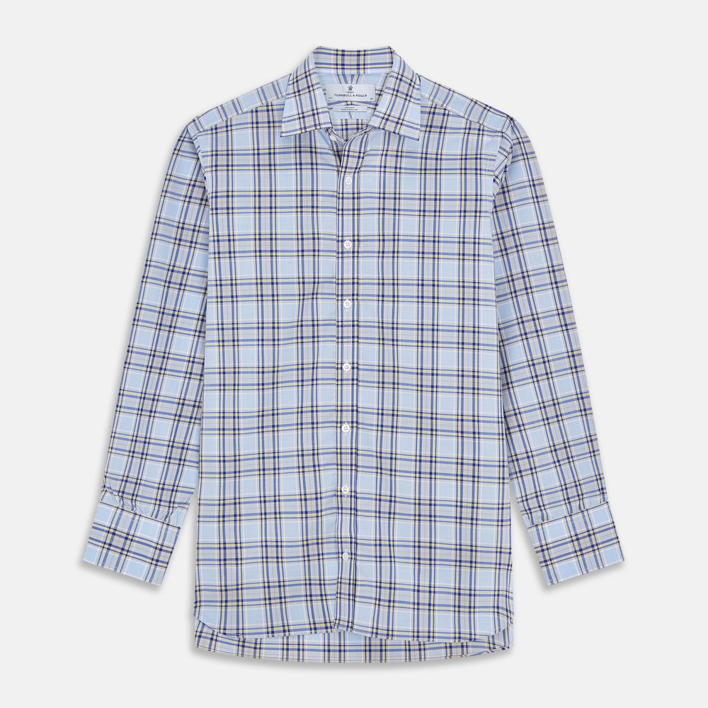 The Turnbull & Asser Blue and Yellow Check Cotton Regular Fit Mayfair Shirt for men is displayed laid flat on a white background.