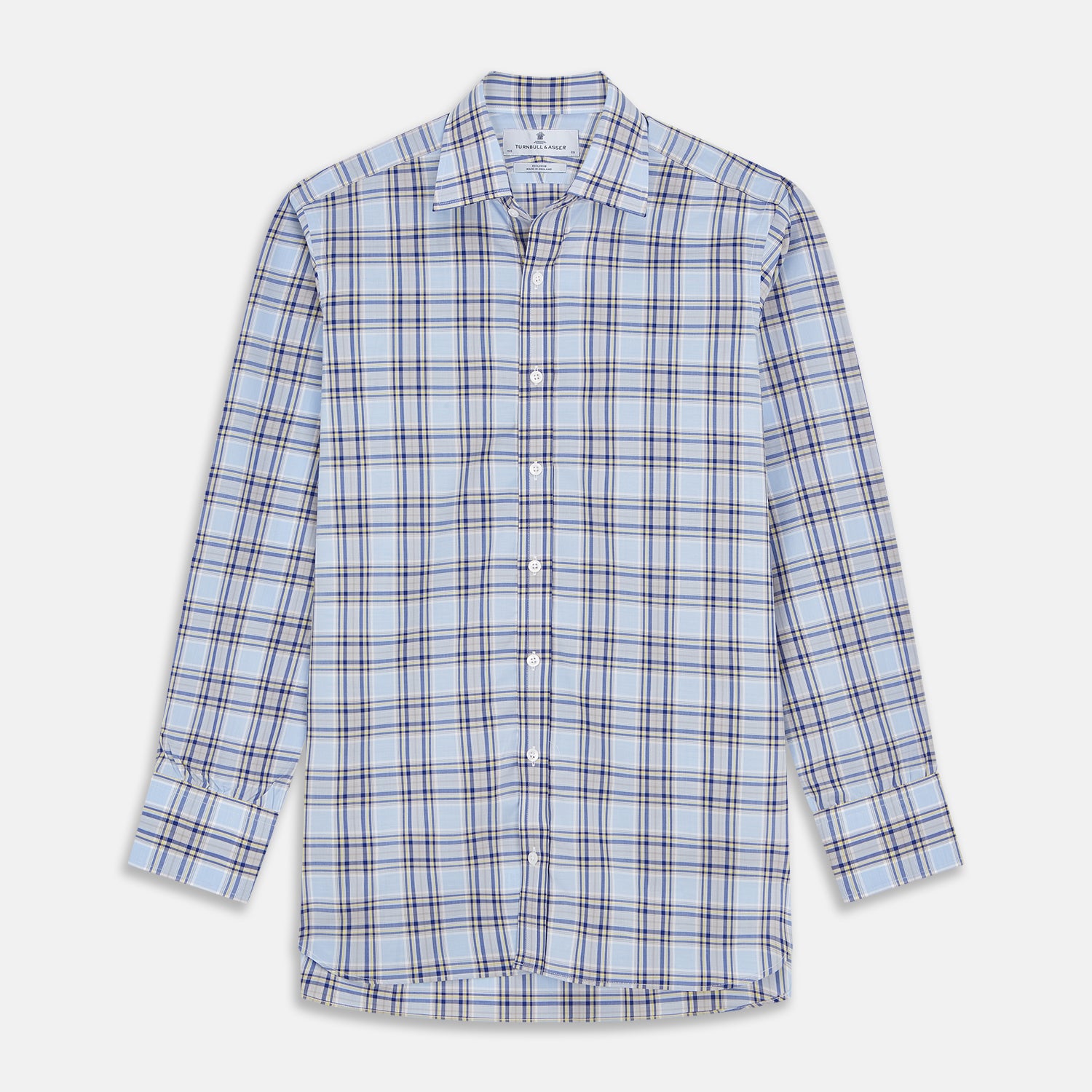 View 1 of product The Turnbull & Asser Blue and Yellow Check Cotton Regular Fit Mayfair Shirt for men is displayed laid flat on a white background.