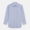 View 1 of product The Blue and Navy Halo Stripe Cotton Regular Fit Mayfair Shirt by Turnbull & Asser features classic styling with vertical stripes, a button-up front, and cuffed sleeves—an essential men's wardrobe piece.