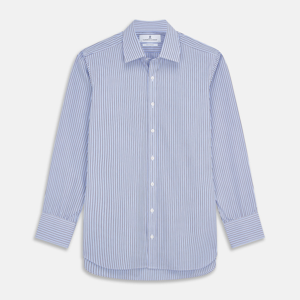 The Blue and Navy Halo Stripe Cotton Regular Fit Mayfair Shirt by Turnbull & Asser features classic styling with vertical stripes, a button-up front, and cuffed sleeves—an essential men's wardrobe piece.
