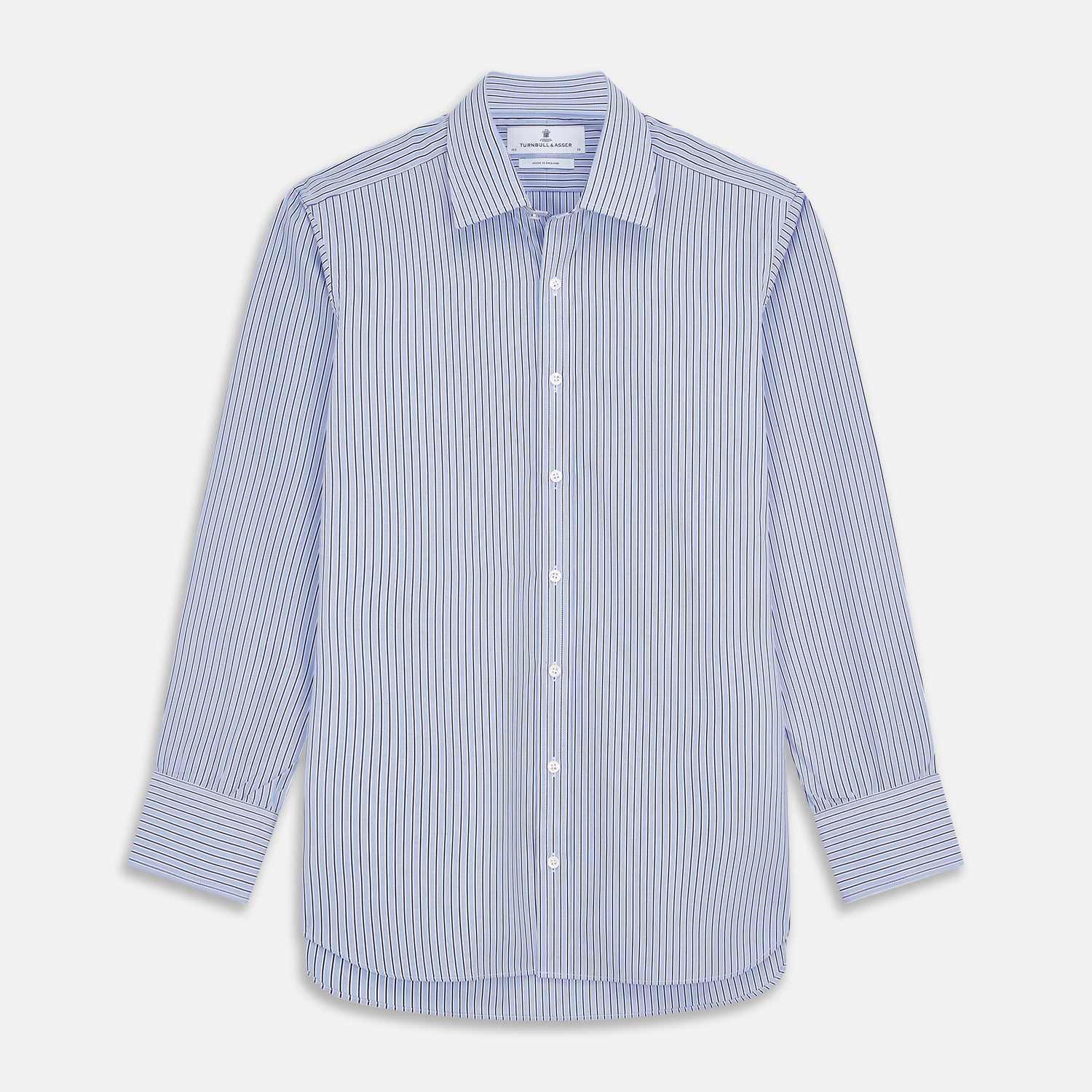 View 1 of product The Blue and Navy Halo Stripe Cotton Regular Fit Mayfair Shirt by Turnbull & Asser features classic styling with vertical stripes, a button-up front, and cuffed sleeves—an essential men's wardrobe piece.
