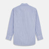 View 5 of product The Blue and Navy Halo Stripe Cotton Regular Fit Mayfair Shirt by Turnbull & Asser features classic styling with vertical stripes, a button-up front, and cuffed sleeves—an essential men's wardrobe piece.