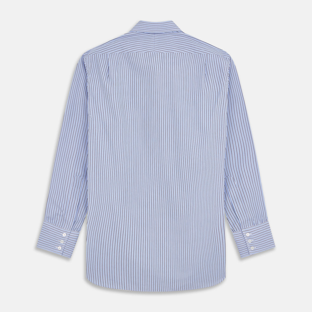 The Blue and Navy Halo Stripe Cotton Regular Fit Mayfair Shirt by Turnbull & Asser features classic styling with vertical stripes, a button-up front, and cuffed sleeves—an essential men's wardrobe piece.
